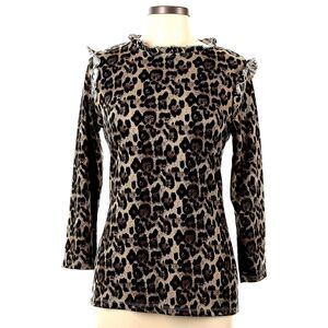 HAYDEN Top Women L Brown Leopard Animal Print 3/4 Slv Ruffle Neck Blouse NWOT